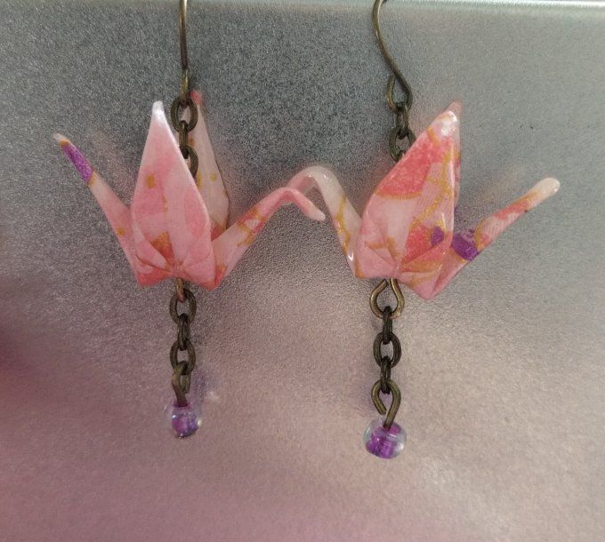 Boucles d'oreilles - grues + chaînette & 1 perle