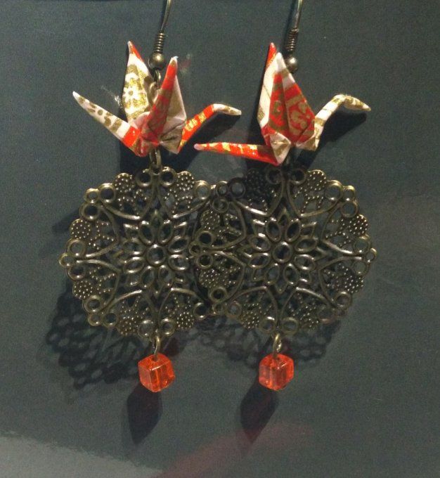 Boucles d'oreilles - grues sur disques ajourés (couleur bronze)