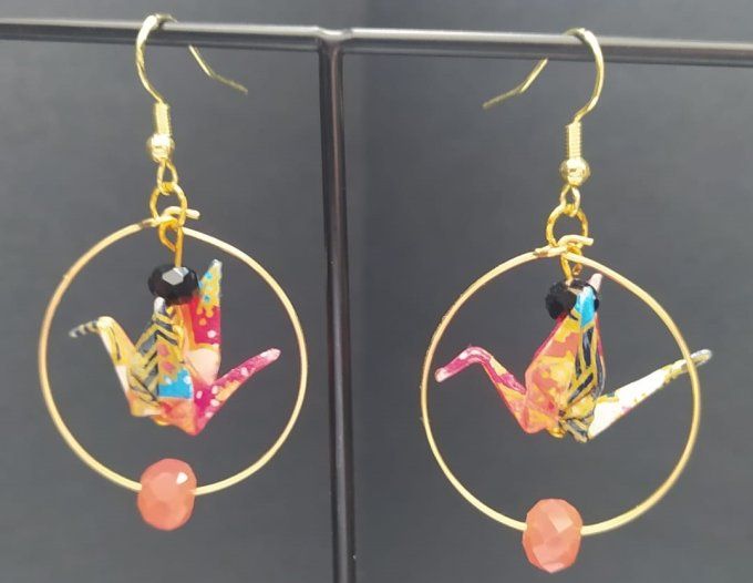 Boucles d'oreilles - grues dans grandes créoles + perles
