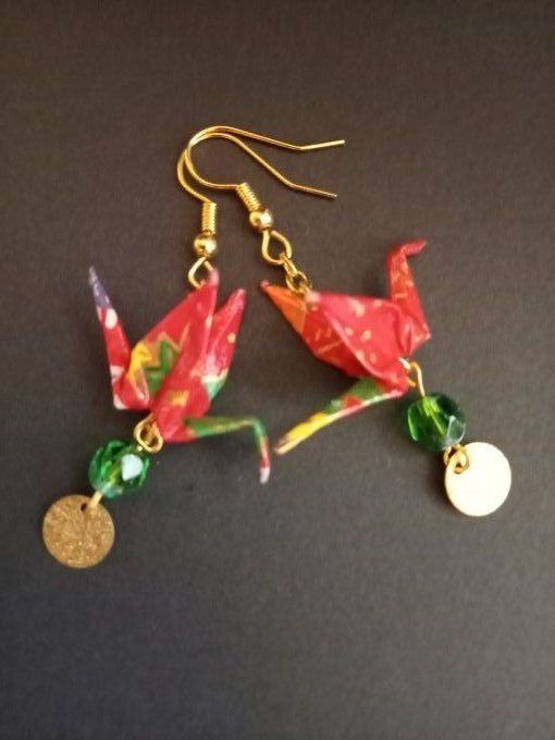 Boucles d'oreilles - grues + 1 perle & pampille